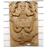 A large African Tribal Benin hand carved all hanging panel, depicting Queen Mother and crocodiles,