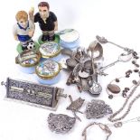 A mixed group of items, including a reproduction plated desk calendar, a pair of ceramic