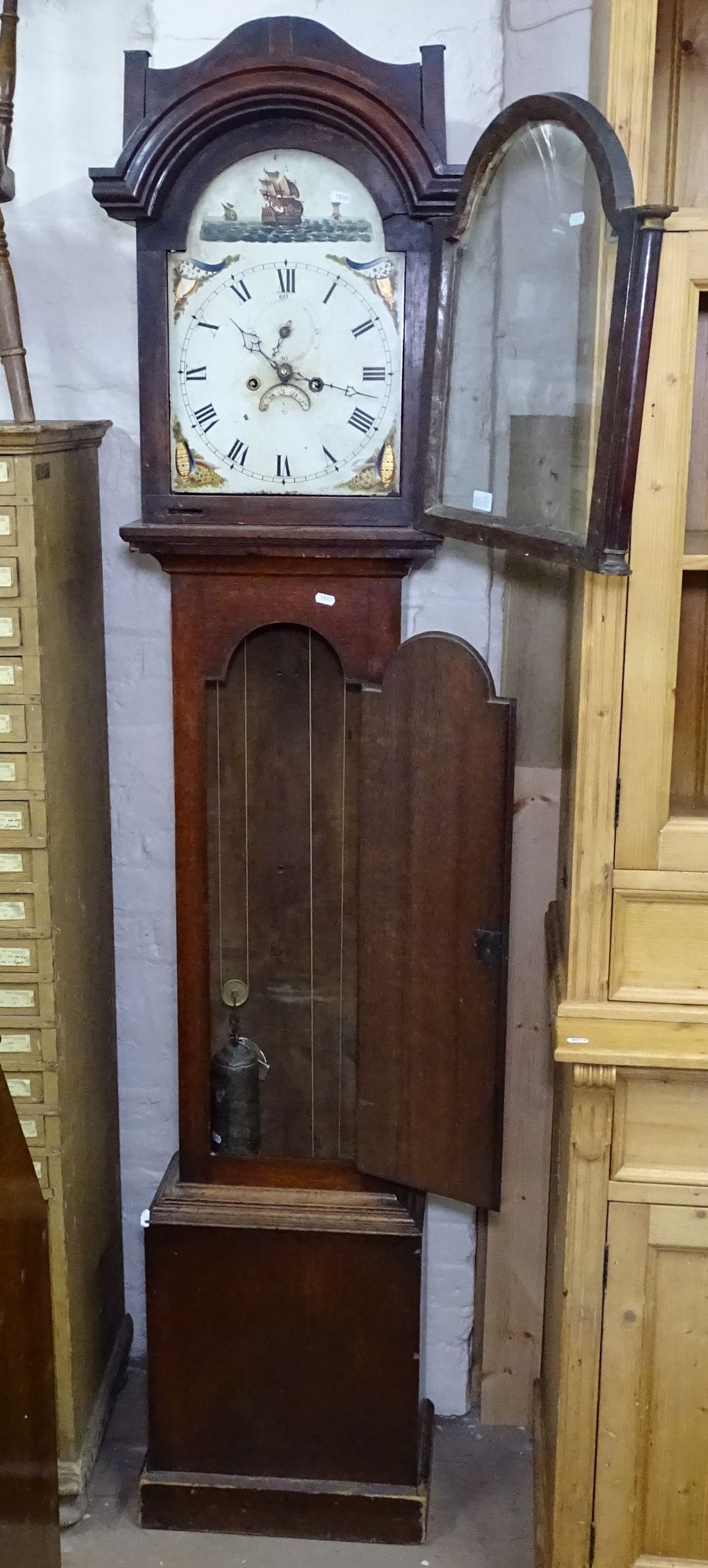 An 18th century 8-day clock, with arch-top painted dial and 2 subsidiary dials, in a cross-banded - Image 2 of 2