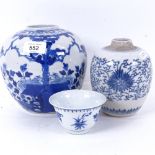 Blue and white porcelain tea bowl with 6 character mark, 9cm across, and 2 blue and white ginger