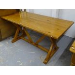 A pine refectory dining table, on geometric stretcher base, L160cm, H77cm, D75cm