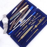 Parker pen, Tissot PR100 quartz wristwatch, draughting set etc