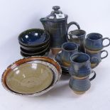 A group of Studio pottery, including a painted bowl, 21cm across, coffee set etc