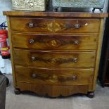 A 19th century mahogany bow-front 5-drawer chest, on bun feet, W120cm, H111cm, D54cm