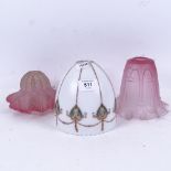 Crimped and decorated pink glass light shade, Art Nouveau painted glass shade, 13.5cm, and another