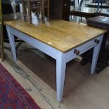 A Victorian stripped pine and grey painted farmhouse kitchen table, with end frieze drawer, on