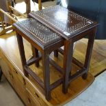 A pair of hardwood and bone inlaid occasional tables, and a pine towel rail (2)