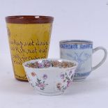 A Motto Ware beaker, 9.5cm, a Chinese blue and white cup, and a Chinese tea bowl with painted floral