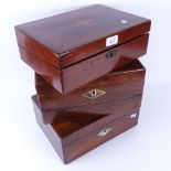 A 19th century rosewood and mother-of-pearl inlaid travelling folding writing slope, and 2 others (