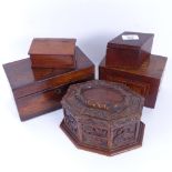 Various boxes and containers, including octagonal oak example, rosewood tea caddy etc (5)