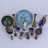 A group of Chinese enamel ornaments, including cloisonne birds, pair of champleve enamel bird shaped