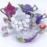 A Victorian Aesthetic Movement grape tea set, and 4 pin dolls
