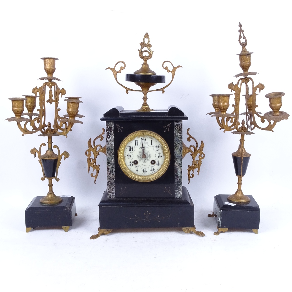 A 3-piece slate and marble-cased clock garniture with gilt-metal mounts, clock height 43cm