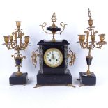 A 3-piece slate and marble-cased clock garniture with gilt-metal mounts, clock height 43cm