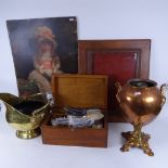 A brass coal bin, a copper samovar, a Pear's print, silver plated cutlery etc