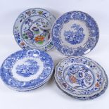 A pair of coloured Davenport ironstone plates, 24.5cm, 5 blue and white "Tea Party Scene" plates etc