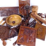 Various Welsh carved oak loving spoons, carved wood plaques, wall hanging resin sculpture etc (