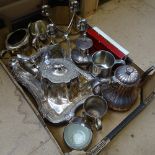 A tray of mixed plated items, to include tea and coffee pots, candelabra, tankards etc