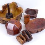 A group of carved wood items, including a rootwood bowl, 25cm across, a treen castle design pot (