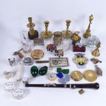 A mixed group of items, including a rosewood piccolo, compacts and ornaments (boxful)