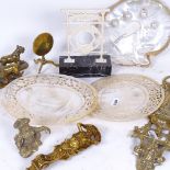 Various collectables, including brass wall-hanging matchbox holder, mother-of-pearl panels, pearl