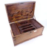 A large brass-bound oak travelling storage box, with letter rack lid interior, removable trays and