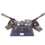 A set of Victorian brass postal balance scales and weights, and 2 gilded cast-iron letter