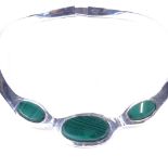 Vintage Mexican sterling silver and malachite hinged neck torque, 92g