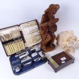 Rosewood box with plated mounts, length 18cm, a seashell, fish cutlery, travel set, and a carved