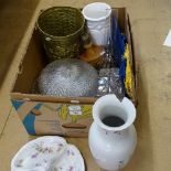 A boxful of china and glassware, and a bin