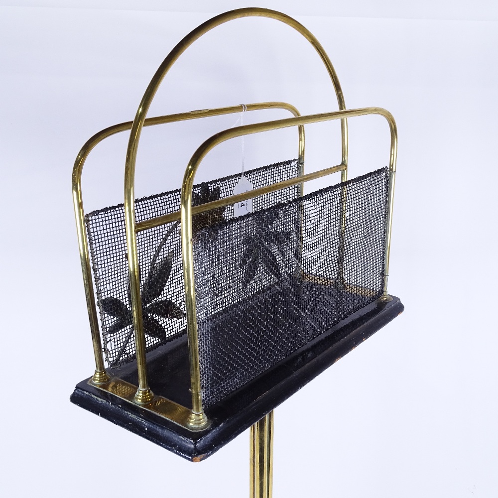 An early 20th century brass and copper tripod swivel magazine rack, height 84cm - Image 2 of 2