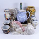A mixed group of ceramics, including an enamelled narrow-neck vase, height 29cm (rim A/F), a Wood'