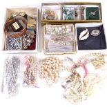 A box of mixed costume jewellery, to include pearl necklaces, malachite and silver ring etc