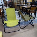 2 mid-century reclining folding chairs, with black painted steel hoop frames