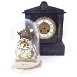 A Victorian slate-cased architectural mantel clock, height 28cm, and a modern skeleton clock, by