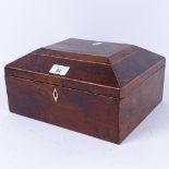A Victorian yew wood sarcophagus shaped sewing box, with boxwood edges, width 27cm