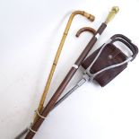 A shooting stick, 2 Vintage walking sticks, and a brass-topped staff, length 123cm (4)