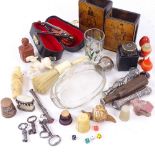Various collectables, including bone-handled brush, hunting design matchbox holders, goldstone scent