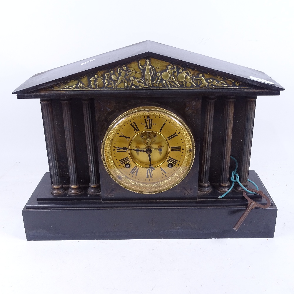 A 19th century slate-cased architectural mantel clock, with bronze Classical frieze, height 31cm,