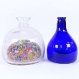 A large unusual Millefiori glass decanter with concave base, and a Bristol blue glass bottle jar