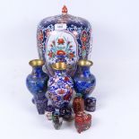 Various cloisonne enamel vases, jars, and a large Chinese ceramic jar and cover, height 30cm