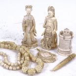 Various ivory, including chess pieces, necklaces etc