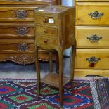 A French walnut and satinwood-strung bedside chest of 3 short drawers, W24cm, H74cm