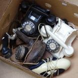 A French telephone dated 1930, a black Bakelite dial phone, and 2 others