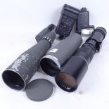 A Plumb spotting scope, an Ernst Leitz F20 1;4 lens, a Beroflex 1;8 F500mm lens, and 2 flash