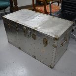 A large silvered coloured and studded trunk, L100cm, H54cm, D53cm