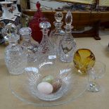 5 crystal decanters and stoppers, tallest 30cm, an Art glass owl vase, and other glassware, and 3