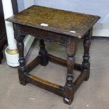 An Antique oak joint stool on turned baluster legs, W45cm, H45cm, D28cm