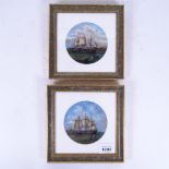 Barbara Valentine, pair of circular oil paintings, the whale ship Potomac in Nantucket Harbour,