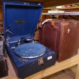 A Colombia Grafonola blue-cased wind-up portable gramophone, and a box of 78rpm records